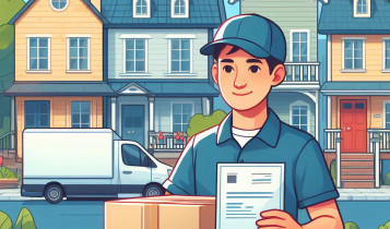 man with box in front of house